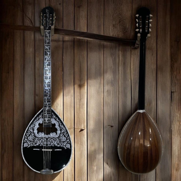 Two mandolins hanging on a wooden wall: one with ornate white inlay design and one with dark wood finish