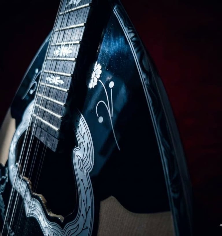 Close-up of a black acoustic guitar with ornate silver inlay on the soundhole and neck against a dark red background