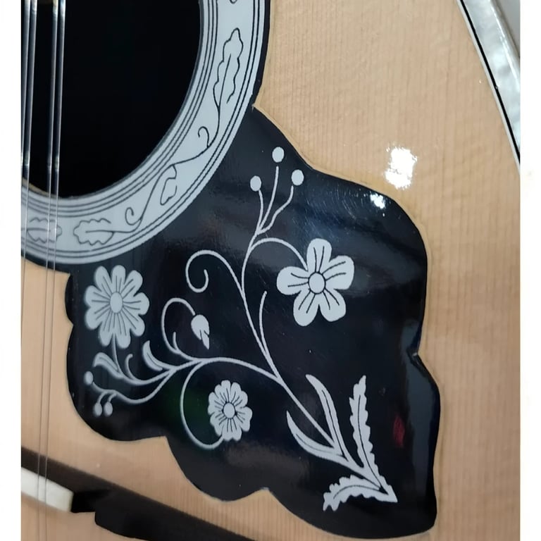 Acoustic guitar with decorative black pickguard featuring white floral inlay design and ornamental sound hole
