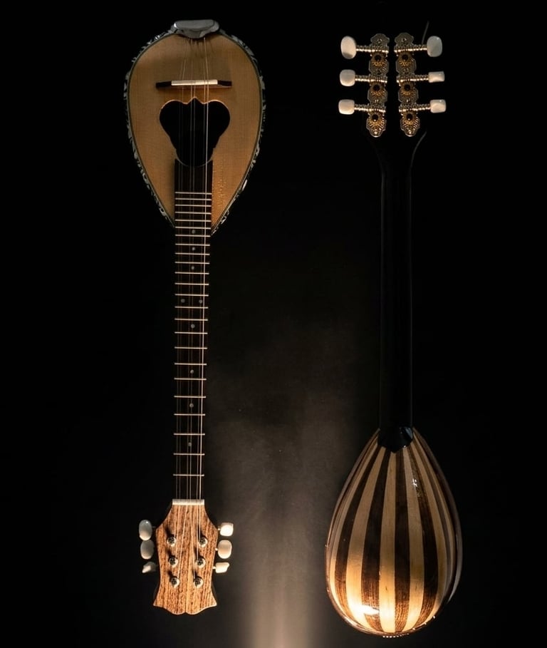 Two traditional stringed instruments displayed against black background: a Greek bouzouki shown from front and back, featuring an almond-shaped wooden body with paired strings.