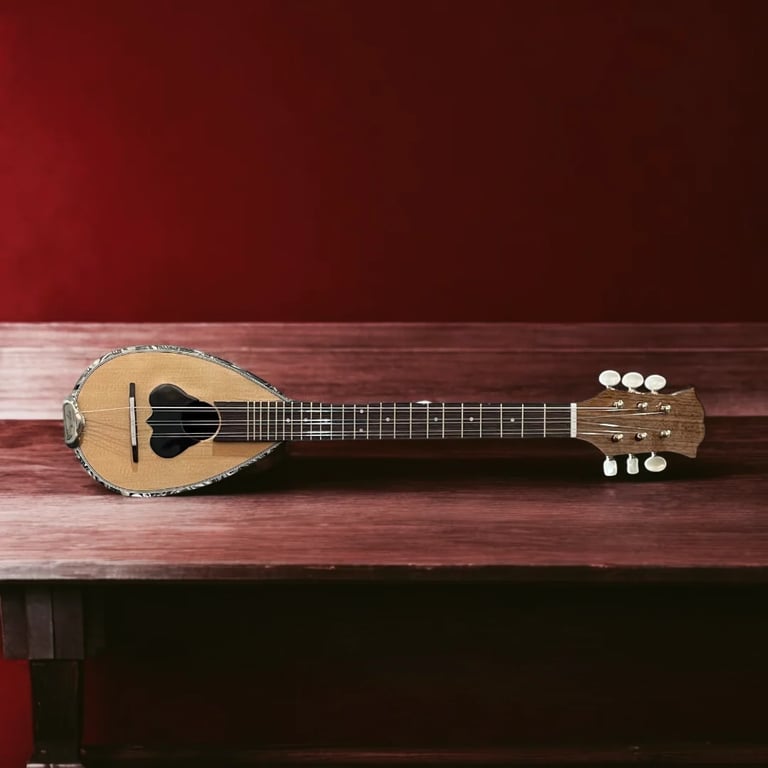 Mandolin with rounded pear-shaped body and decorative inlay resting on a wooden shelf against a deep red background