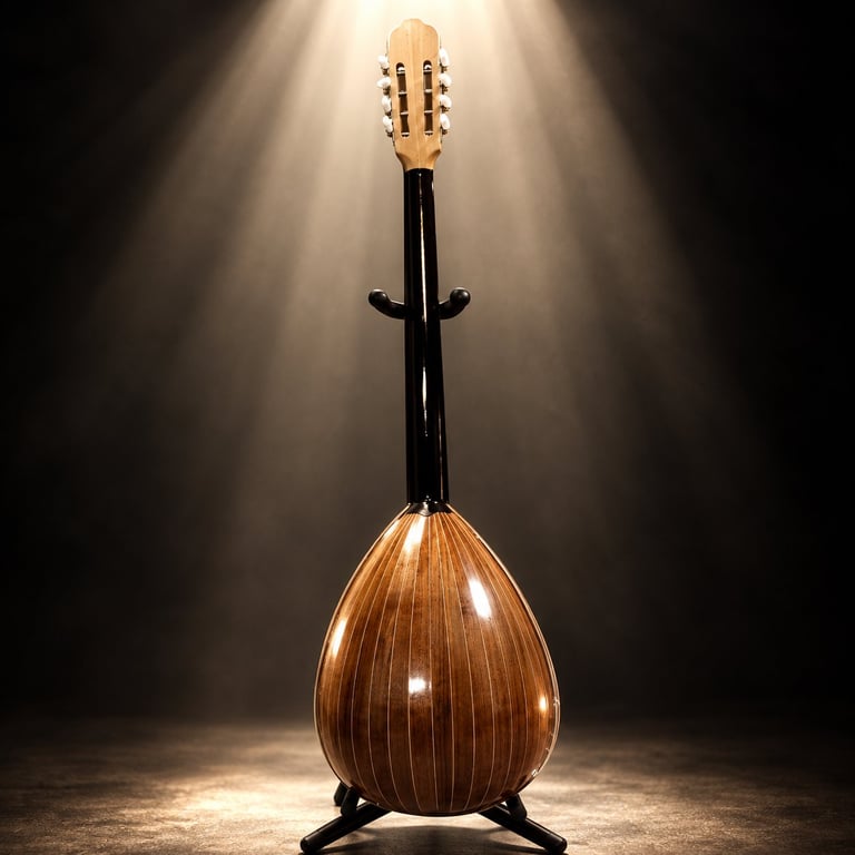 Wooden mandolin with teardrop-shaped body and black neck, illuminated by dramatic spotlight against dark background