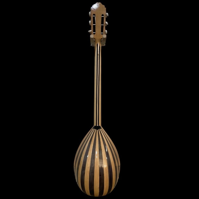 Classical mandolin with wooden teardrop body and long neck on black background
