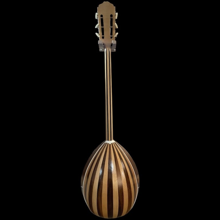 Wooden bouzouki with teardrop-shaped resonating body and long neck, featuring vertical stripe detailing on a black background.
