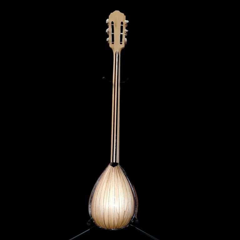 Classical mandolin with light wood body and neck against black background