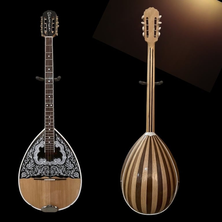 Front and back views of an ornate wooden lute with decorative inlays and a long neck against a black background