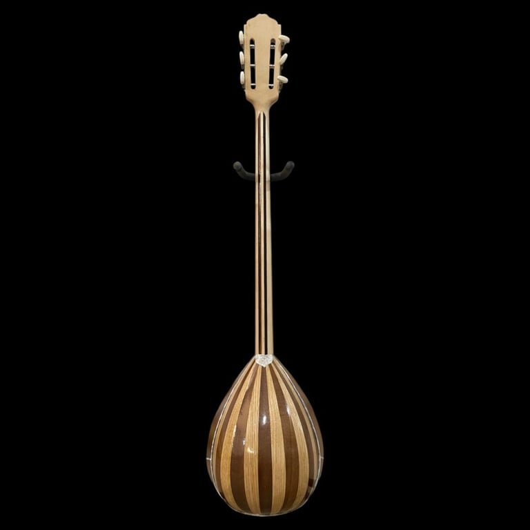 Classical acoustic bouzouki with teardrop-shaped body and long neck against black background