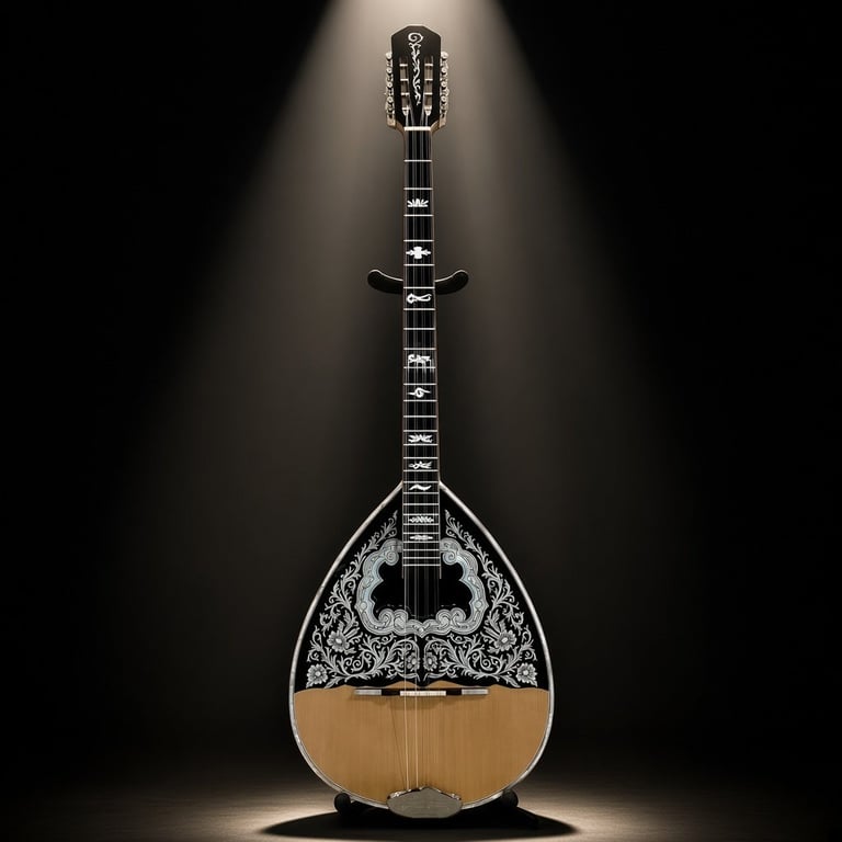 A Greek mandolin with ornate black patterned top and natural wood lower body, displayed against a dark background with spotlight
