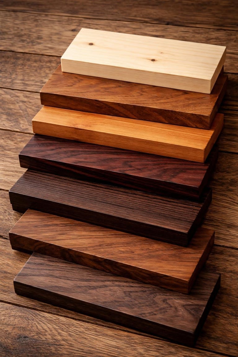 Stack of wooden blocks in varying wood types and colors, from light pine to dark walnut, arranged on a wooden surface.