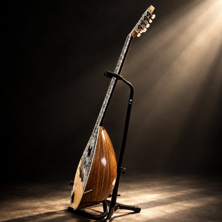 Ornate oud instrument displayed on a black stand against a dark background with dramatic lighting