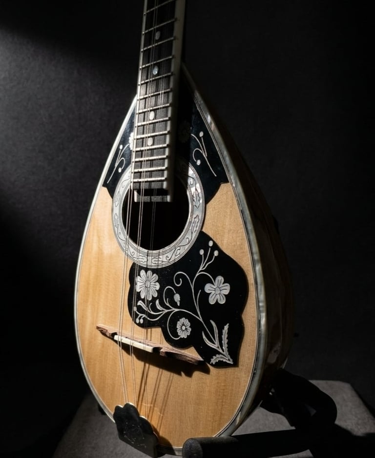 Mandolin with natural wood body and ornate black and white floral inlay design around the sound hole, photographed against a dark background
