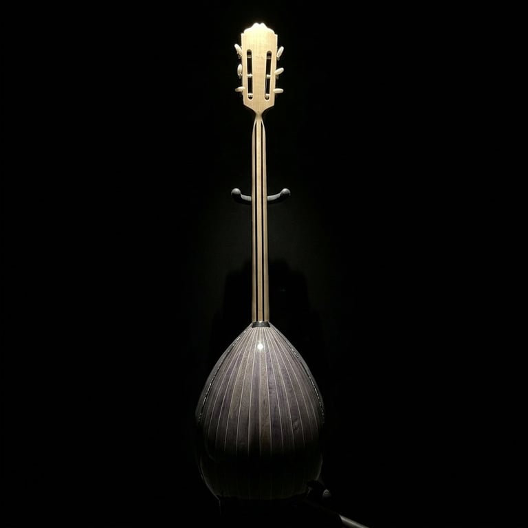 Mandolin with light wooden headstock and dark pear-shaped body, displayed against a black background