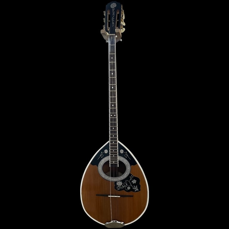 Mandolin with dark wood body, long neck, and decorative black pickguard against black background