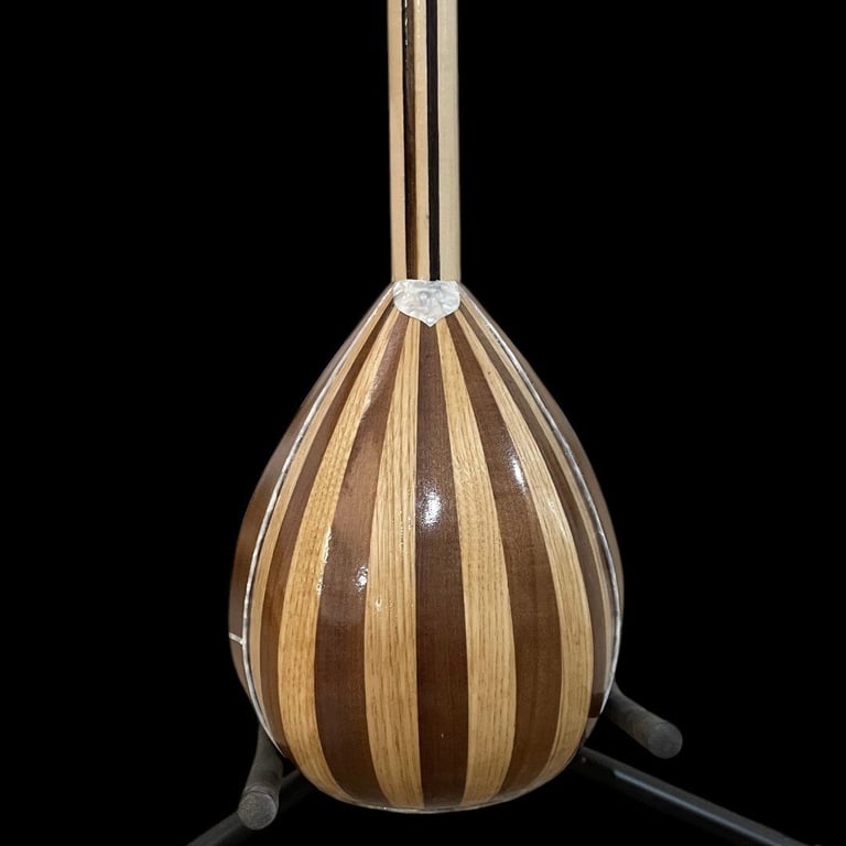 Teardrop-shaped wooden stringed instrument with alternating light and dark wood stripes, mounted on a black stand