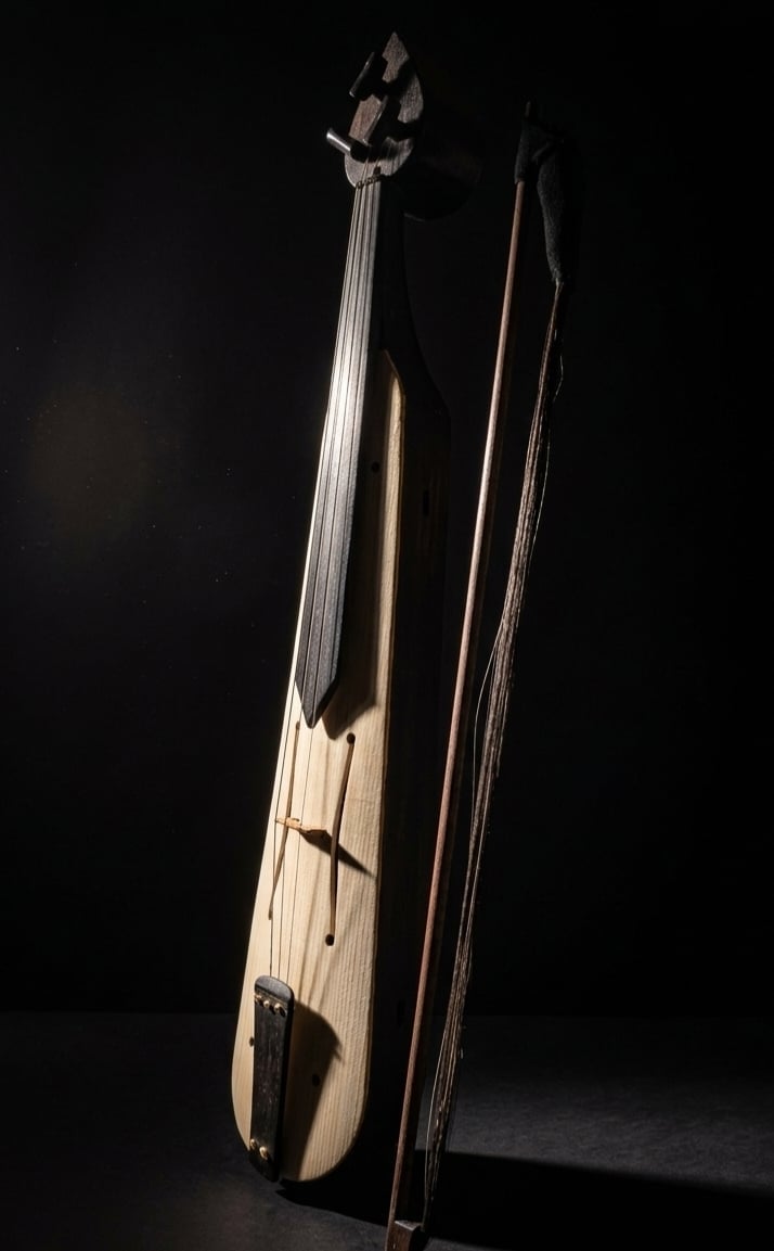 Wooden stringed musical instrument leaning against a black background with its bow beside it