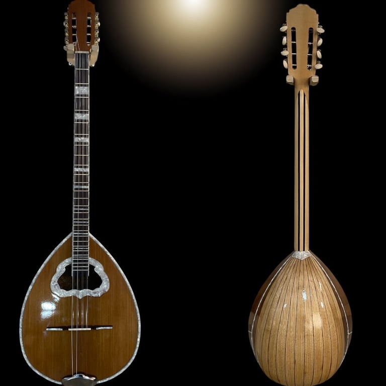 Front and back view of a wooden mandolin with teardrop-shaped body against a black background