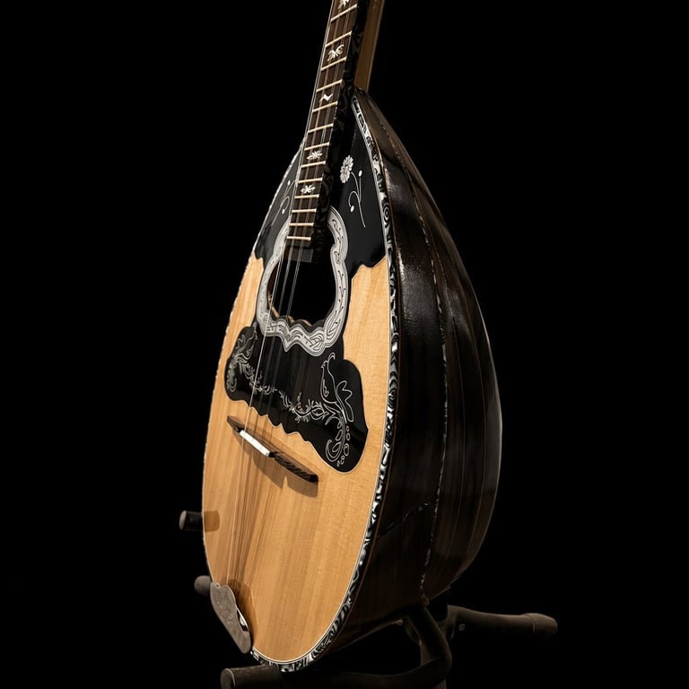 Mandolin with natural wood front and black back viewed from side angle on black background