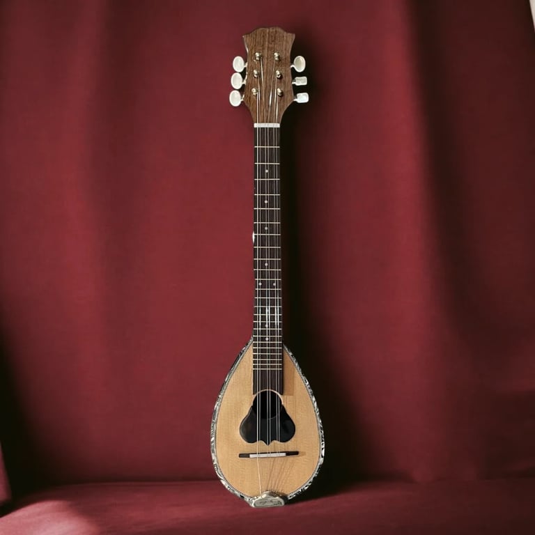 Wooden bouzouki stringed instrument displayed against deep red fabric backdrop