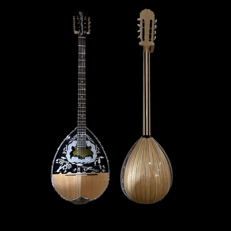 Front and back view of a decorative teardrop-shaped stringed instrument with ornate headstock and fretted neck against black background