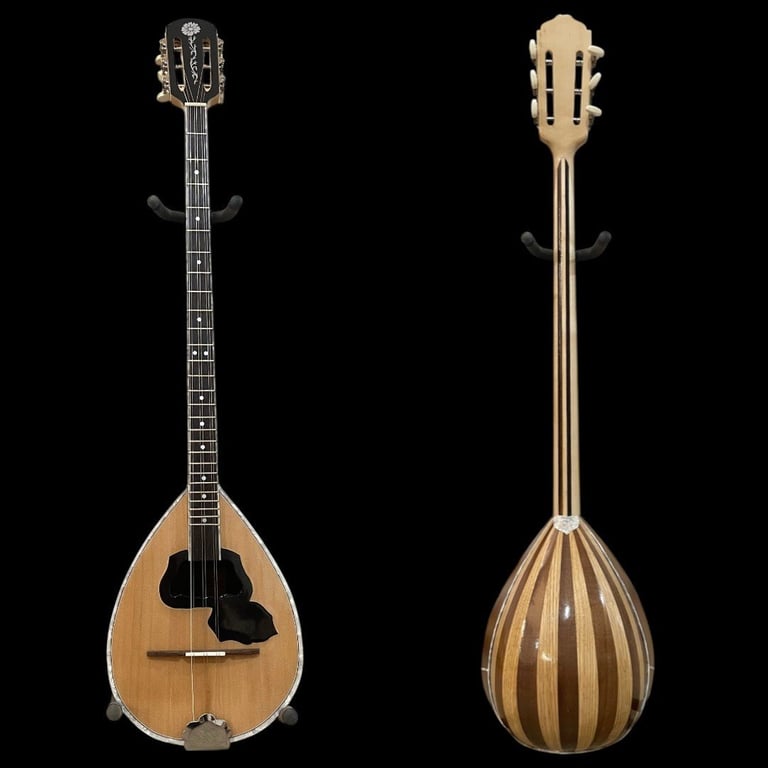Front and back view of an acoustic bouzouki with wooden pear-shaped body and dark fretboard on black background