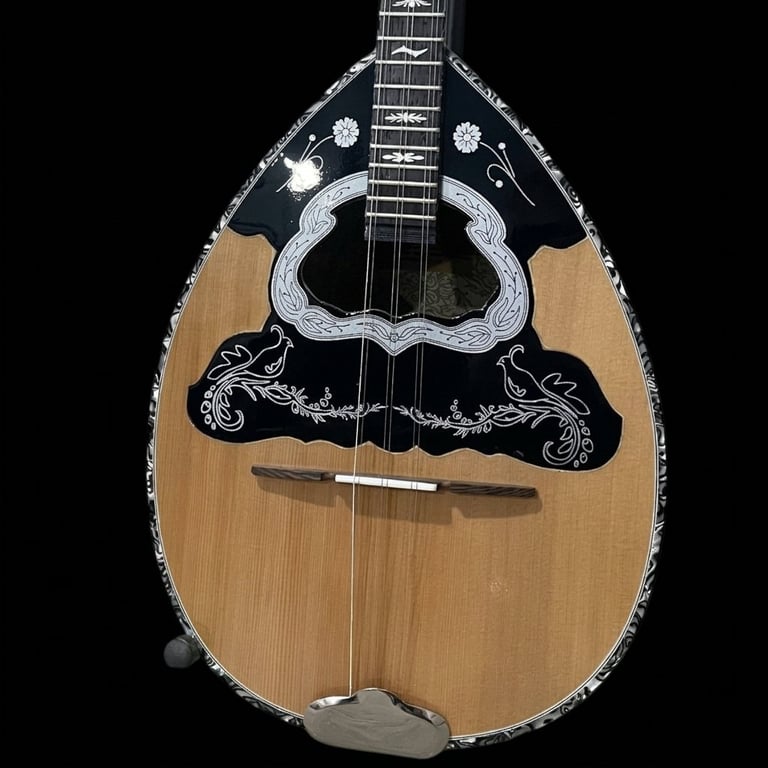 Ornate Oud musical instrument with teardrop-shaped wooden body and decorative black and white inlay patterns on black background