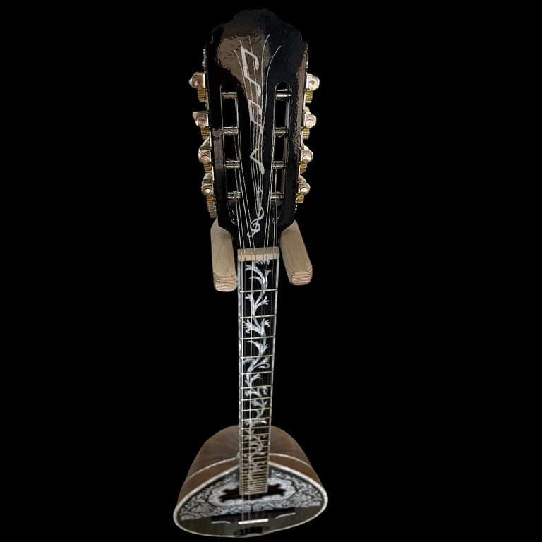 Back view of an acoustic mandolin with dark finish and mother-of-pearl inlays on headstock and neck, isolated on black background