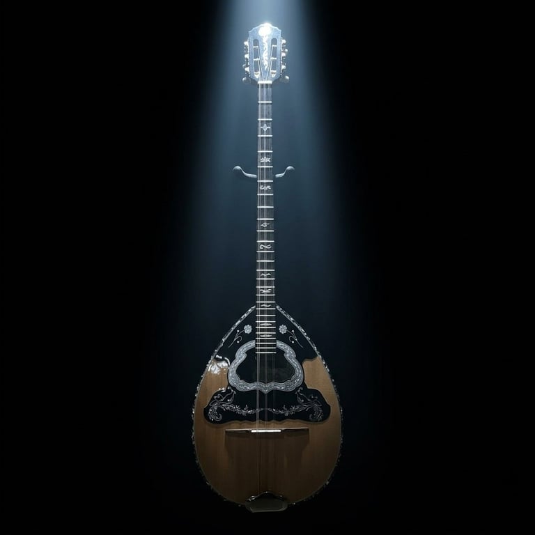 Mandolin with glowing headstock displayed against a dark background, featuring a round wooden body and long neck