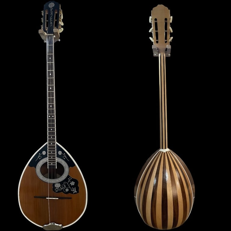 Front and back view of a wooden bouzouki with dark body, fretted neck, and round sound hole against black background