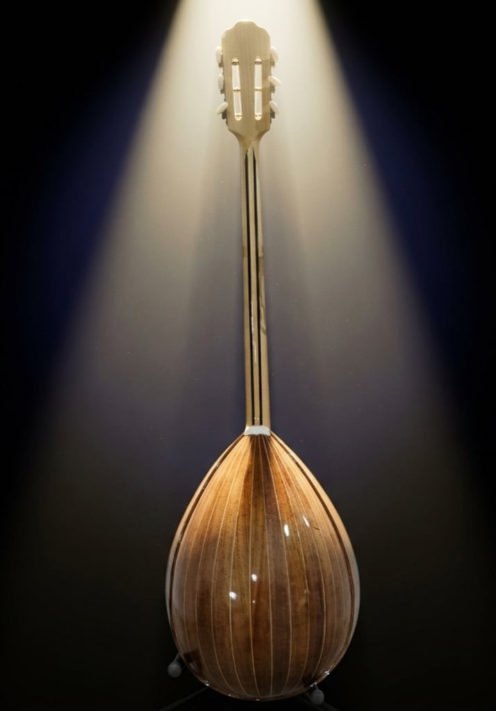 Classical wooden bouzouki instrument with round body and long neck, lit by spotlight against dark background