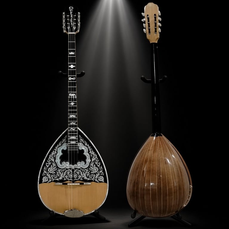 Two Greek mandolins displayed against black background with dramatic lighting, showing ornate front view and rounded back view with fretted necks