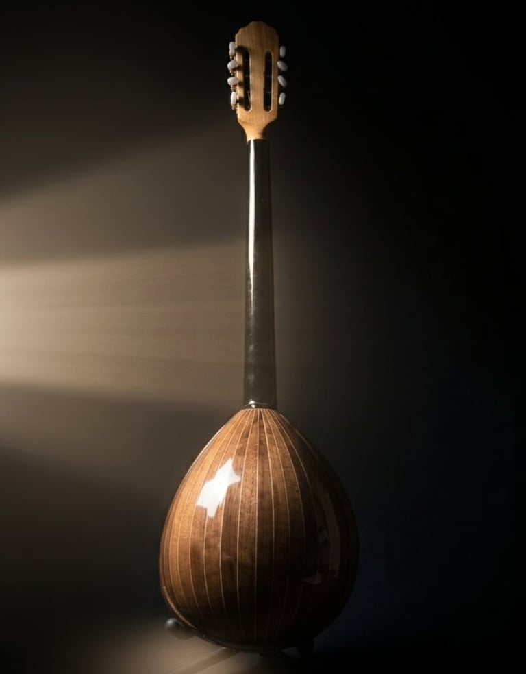A wooden oud musical instrument with a pear-shaped body and long neck against a dark background.