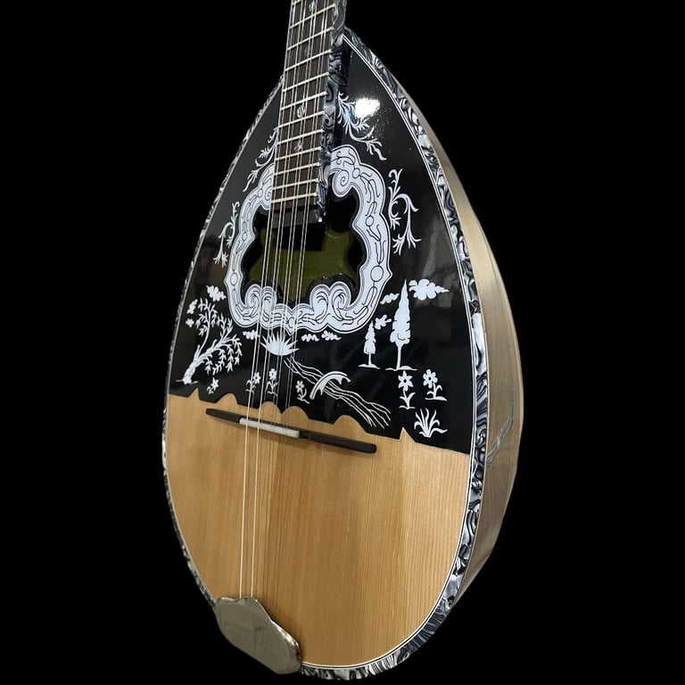 Traditional mandolin with ornate black inlay featuring white dragon and floral designs on wooden teardrop-shaped body