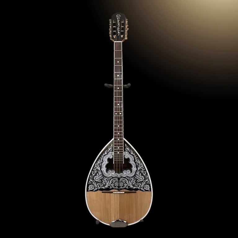 Greek bouzouki with ornate dark pickguard and wooden teardrop-shaped body on black background