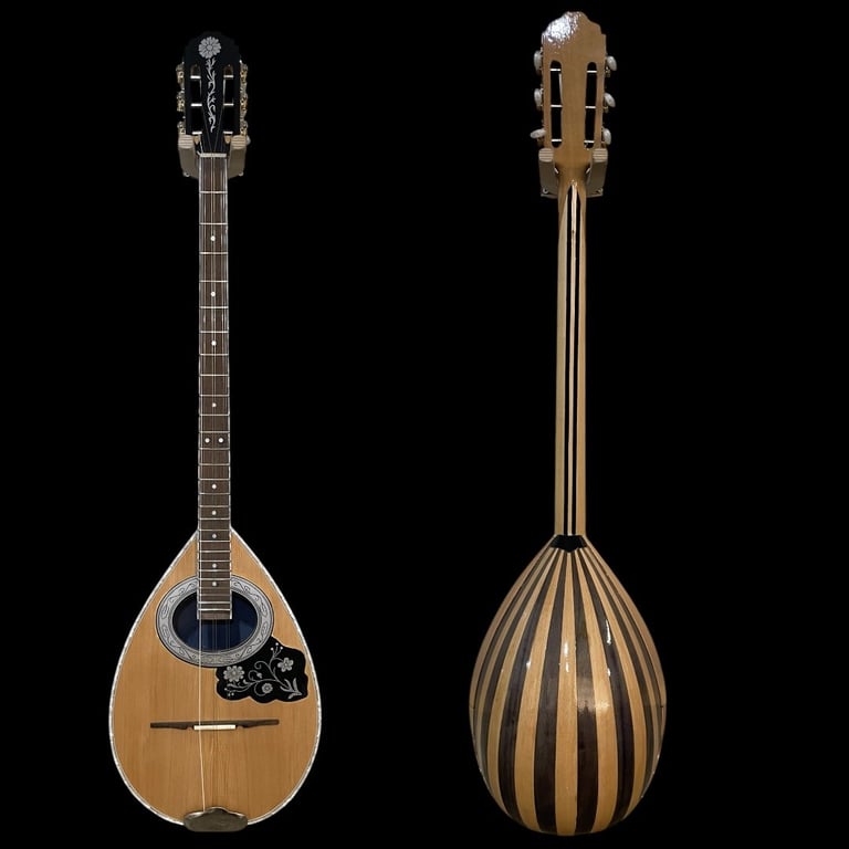Front and back view of a wooden mandolin showing pear-shaped body with sound hole and fretted neck against black background