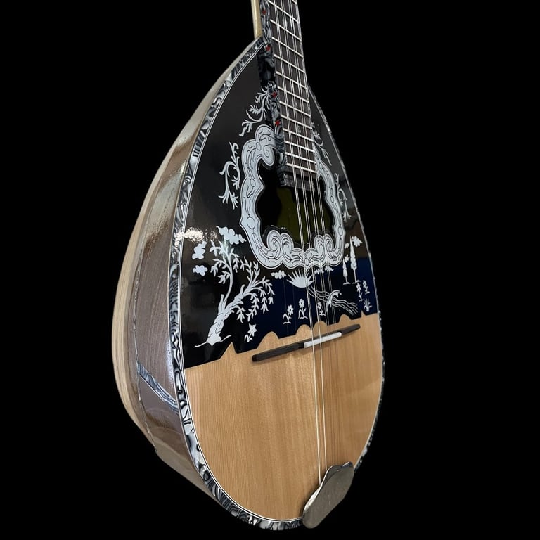 Chinese pipa lute with ornate dragon and floral inlay design on black pickguard, wooden body, against black background