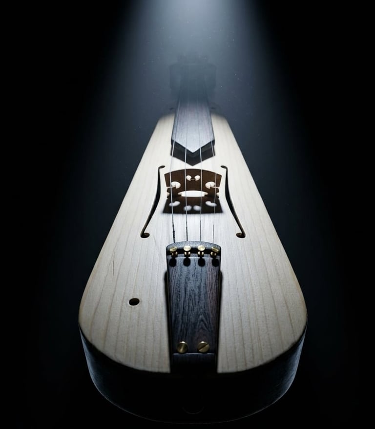 Overhead view of a wooden stringed instrument with light-colored body and dark bridge, photographed against a dark background.