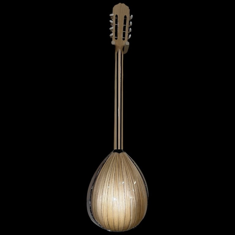 Mandolin with wooden pear-shaped body and long neck on black background