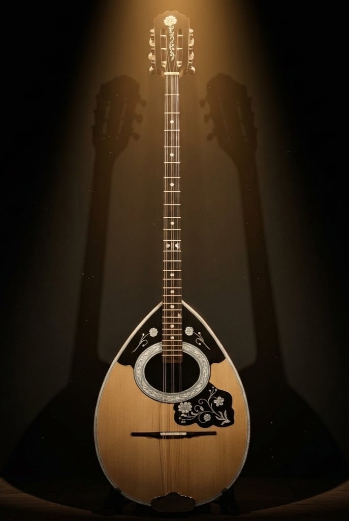 A teardrop-shaped acoustic guitar illuminated against a dark background with silhouettes of two figures on either side