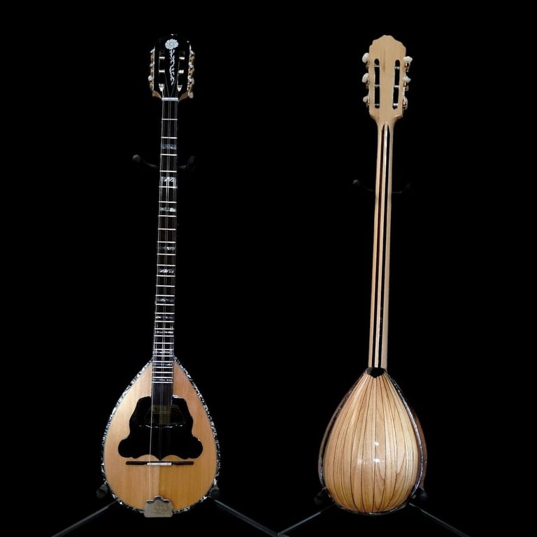 Front and back view of a wooden mandolin with pear-shaped body and long neck against black background