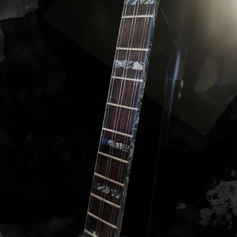 Close-up of electric guitar neck with fretboard and metal frets against dark background