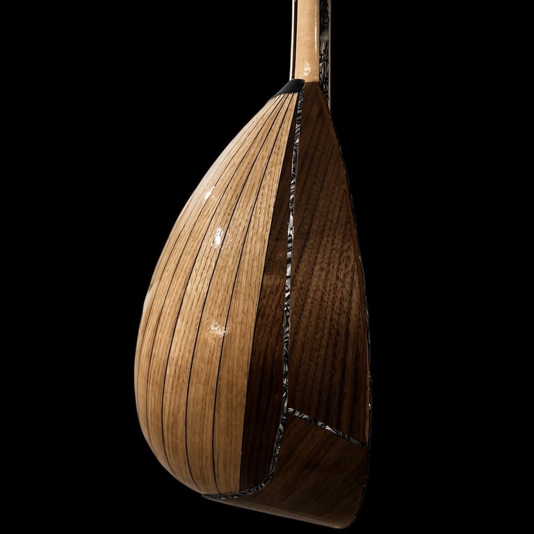 Close-up of a wooden oud musical instrument against a black background, showing its pear-shaped body and strings