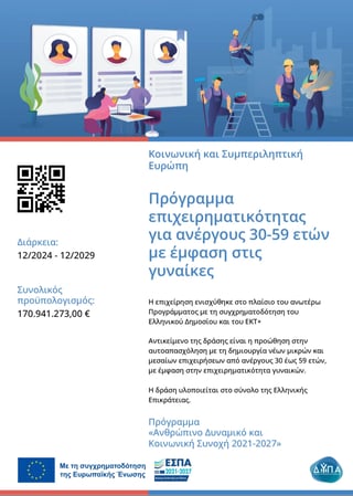 EU funding poster for women entrepreneurship program in Greece, showing illustrated professionals and project details in Greek language