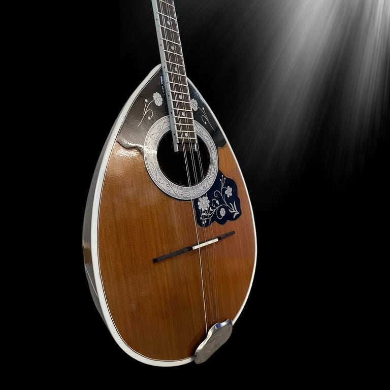 Acoustic mandolin with brown wooden body and silver decorative elements against black background with dramatic lighting