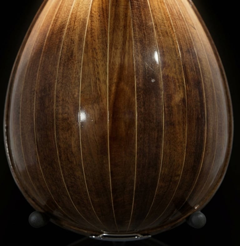Wooden teardrop-shaped acoustic guitar body with vertical grain patterns and glossy finish against black background