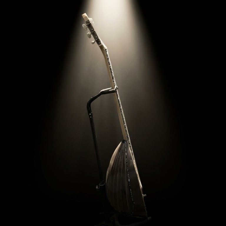 A stringed musical instrument, likely a saz or bouzouki, photographed against a dark background with dramatic side lighting highlighting its wooden body and curved neck.