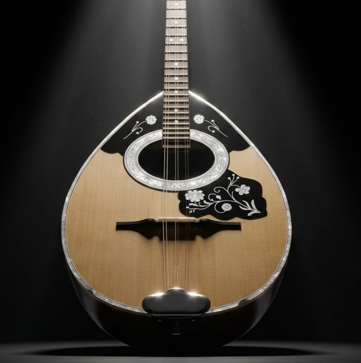 Greek bouzouki mandolin with natural wood finish and black decorative inlay, displayed against dark background