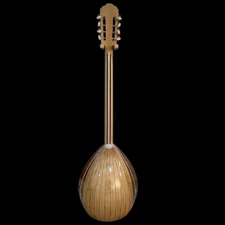 Wooden mandolin with egg-shaped body and long neck on black background