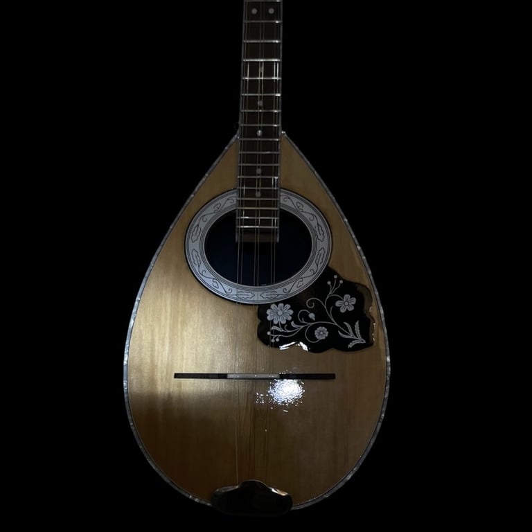 Greek bouzouki with teardrop-shaped wooden body, decorative sound hole, and dark headstock against black background