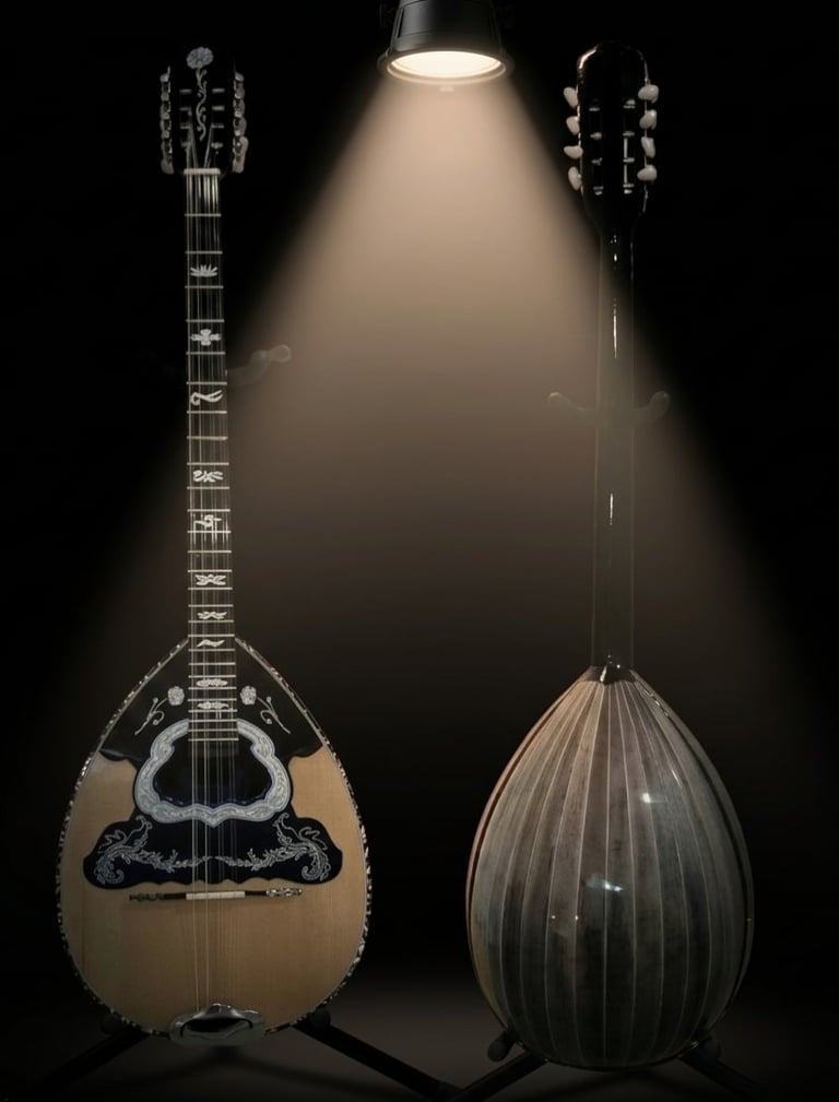 Two stringed instruments displayed under dramatic spotlight: a decorative oud on the left and a mandolin on the right against a black background.