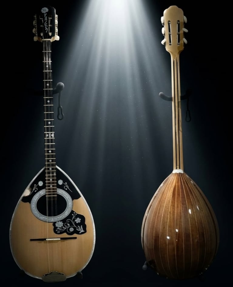 Front and back view of an acoustic mandolin with teardrop-shaped wooden body against a dark background with dramatic lighting
